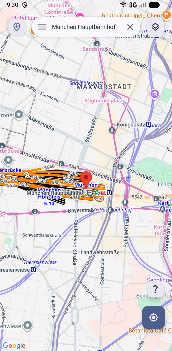 Railmap showing the track layout and line numbers at Munich Hauptbahnhof