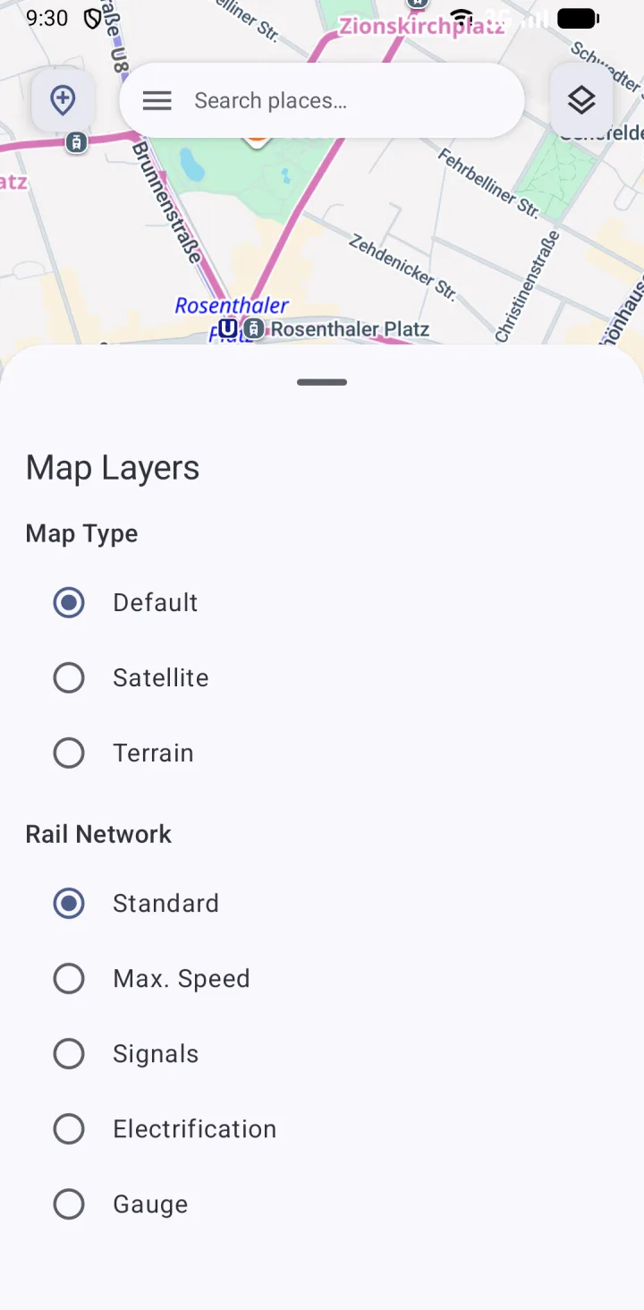 The Map Layers bottom sheet listing map types and rail layers
