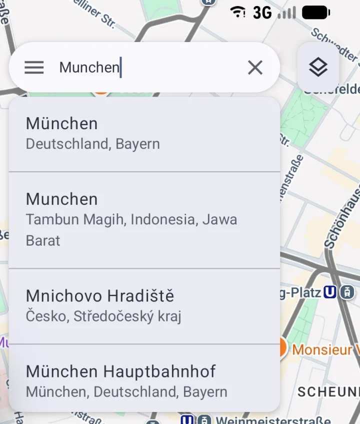 The search field showing autocomplete suggestions for a place name